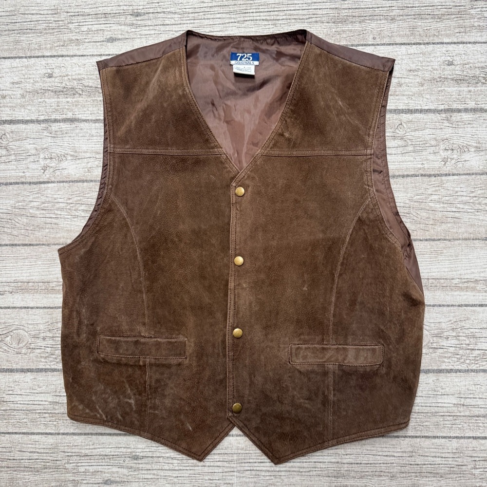 Vintage 725 Originals Leather Vest Men's L Brown Suede Snap Front Western Cowboy